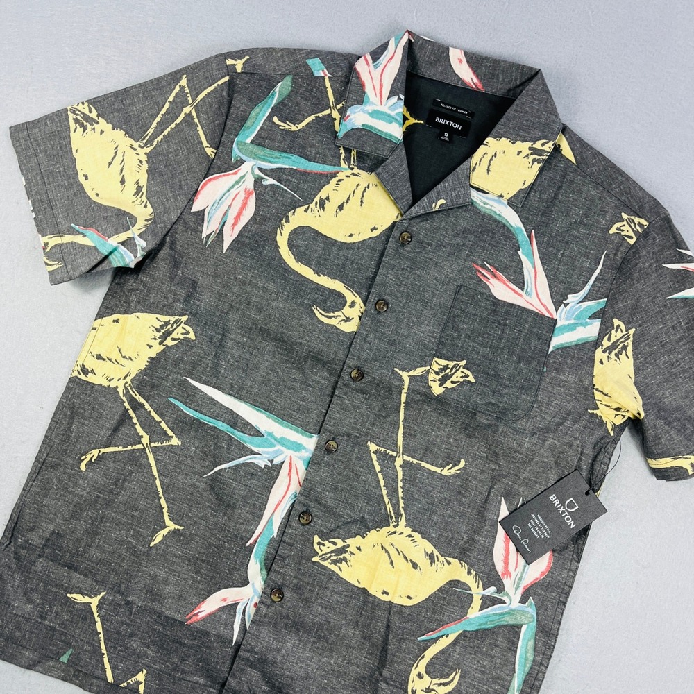 Brixton Bunker Print Mens Small Black Flamingo Bird of Paradise SS Button Shirt - Picture 1 of 5